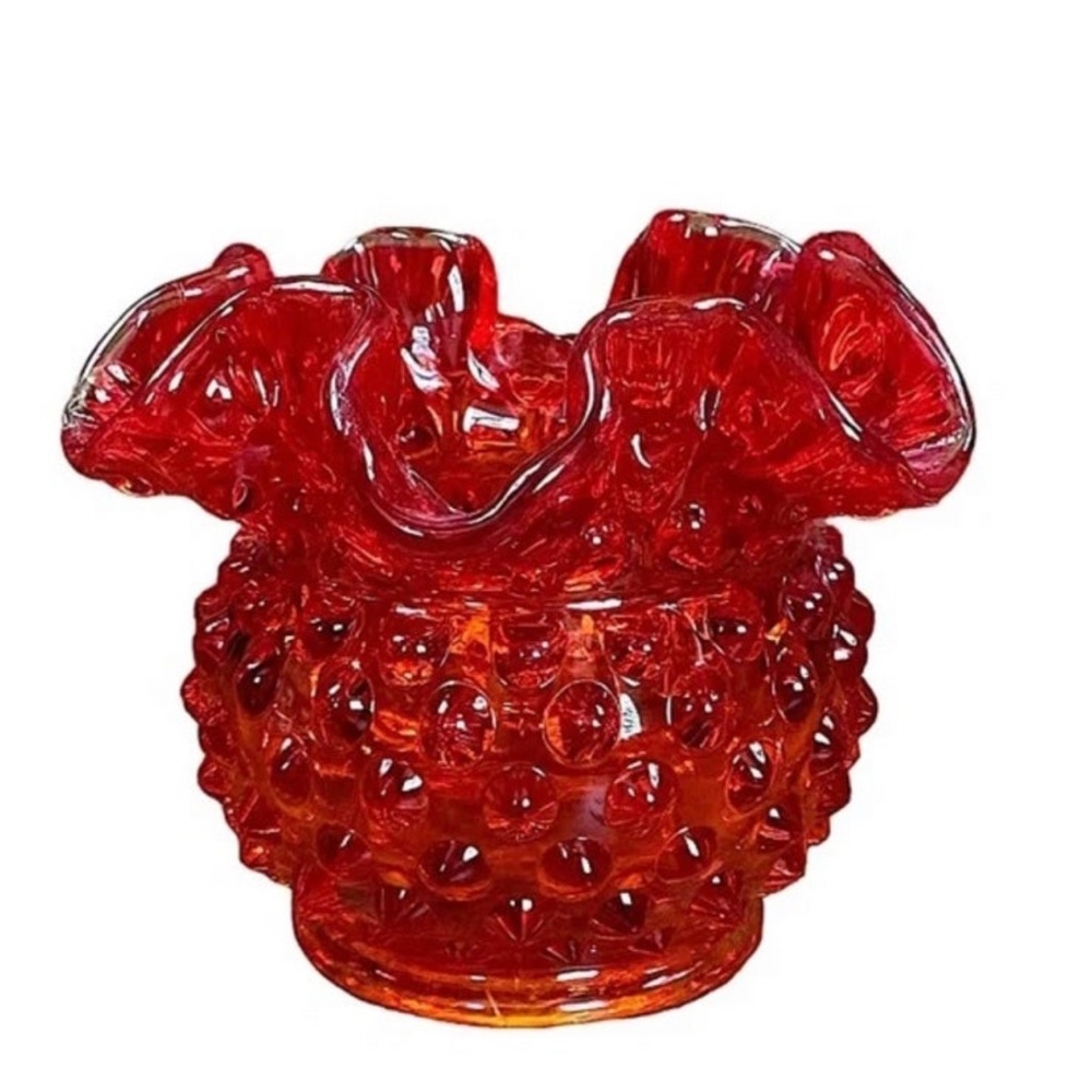 Vintage Fenton Amberina Hopnail Ruffled Top Vase 3"